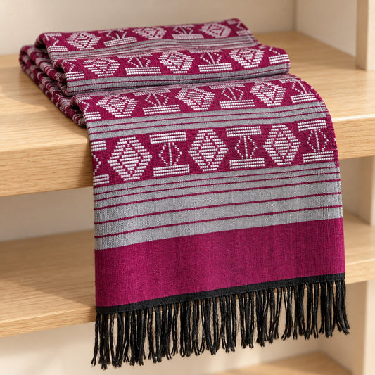 Écharpe Manjak de Luxe fuchsia pliée, motifs blancs tissés main sur toute la longueur, bandes grises et franges noires