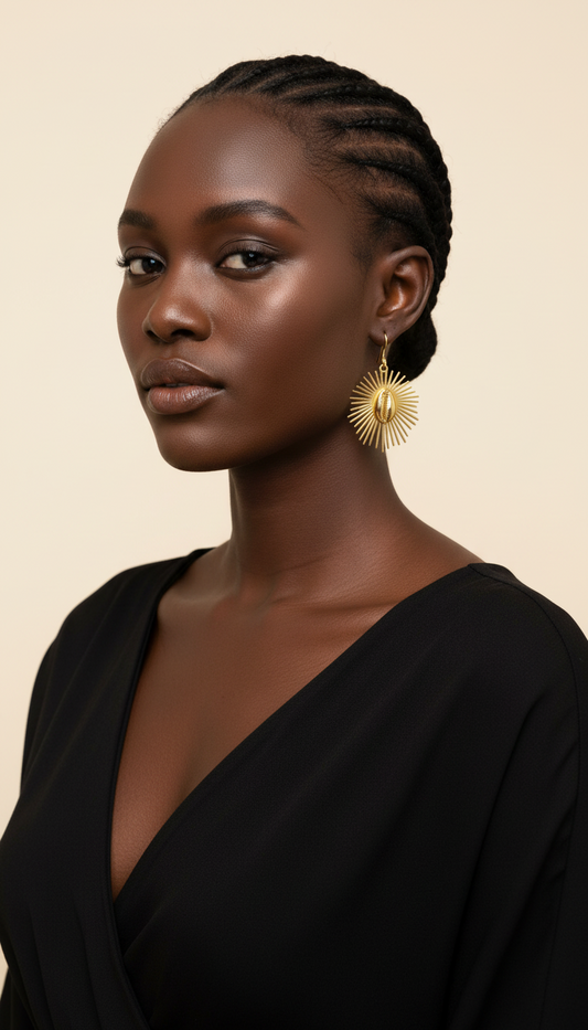 Boucles d'oreilles "Aten Râ" : gold filled, symbole du soleil surmonté d'un cauri en Boucles d'oreilles Aten Râ artisanal africain - KaolackCreations