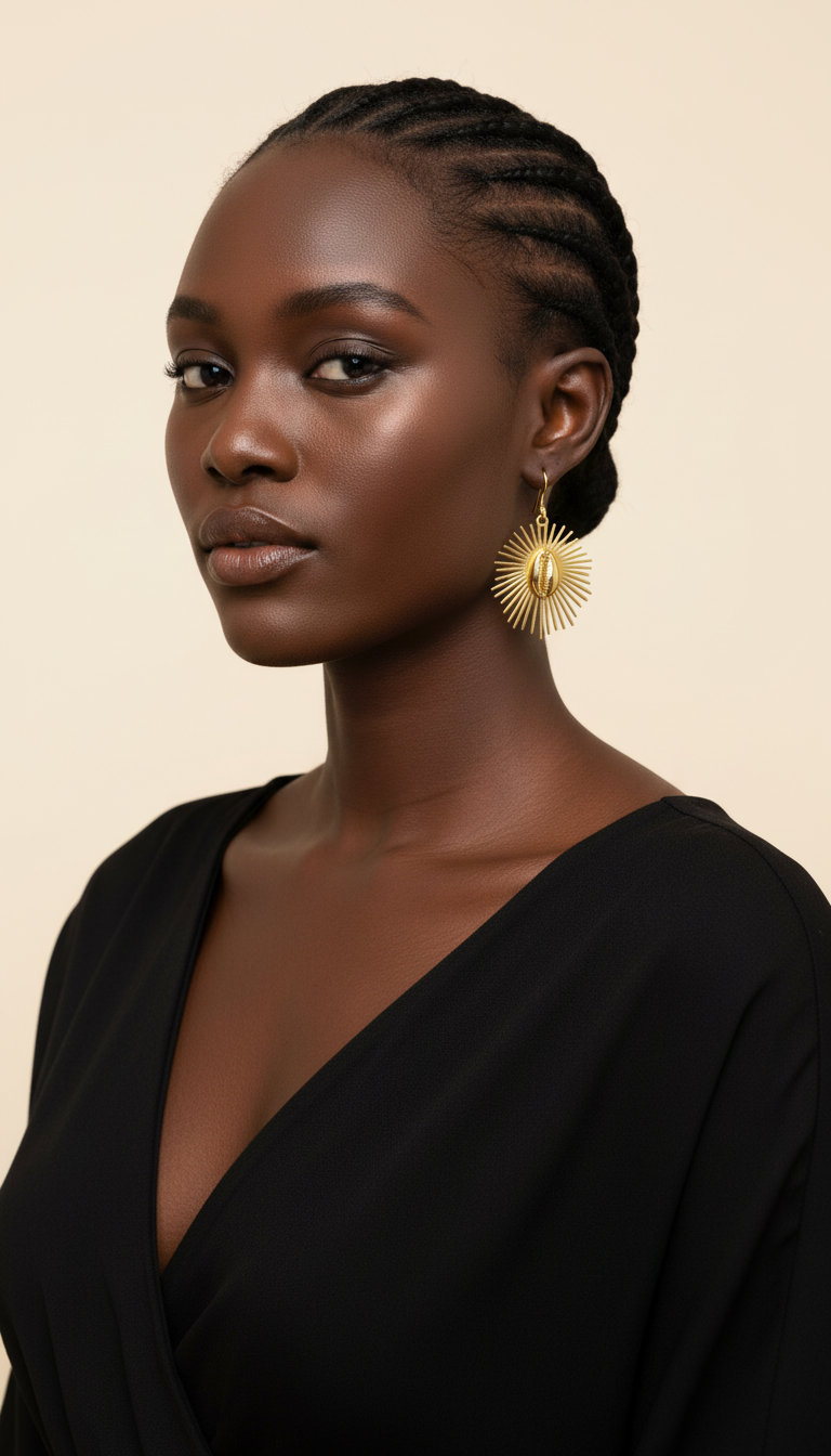Boucles d'oreilles "Aten Râ" : gold filled, symbole du soleil surmonté d'un cauri en Boucles d'oreilles Aten Râ artisanal africain - KaolackCreations