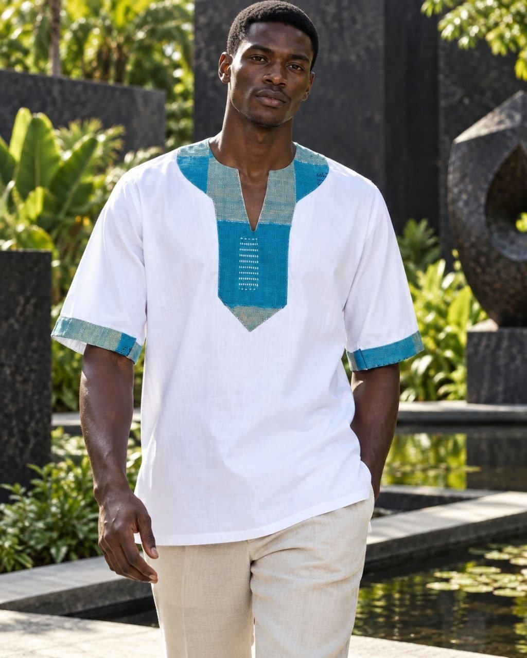 Chemise mixte à plastron et col V en coton blanc et pagne Sénoufo bleu et gris, portée par un homme