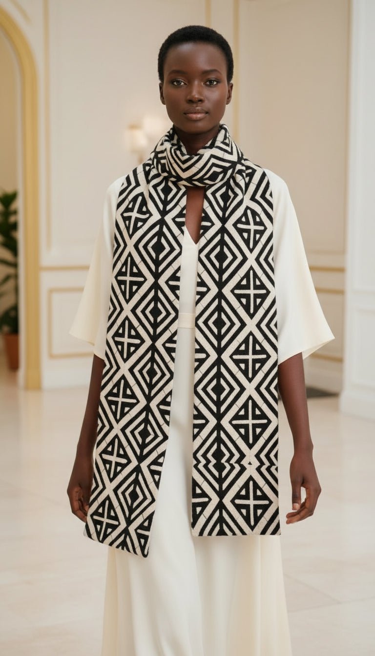 Écharpe en bogolan doublée de coton noir – textile africain graphique en Echarpe artisanal africain - KaolackCreations