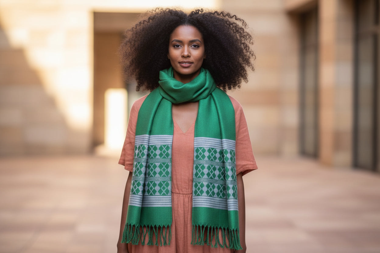 Écharpe Manjak verte en coton tissé – accessoire de mode africain en Echarpe en pagne tissé Manjak artisanal africain - KaolackCreations