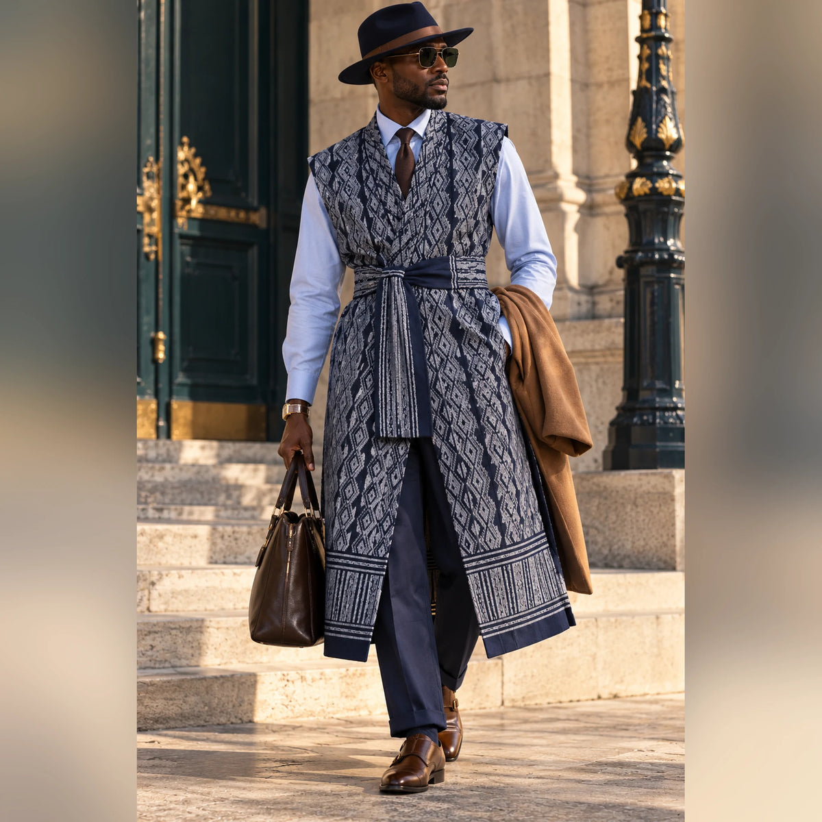 Homme élégant en style dandy portant le gilet long Manjak bleu marine et gris avec chapeau