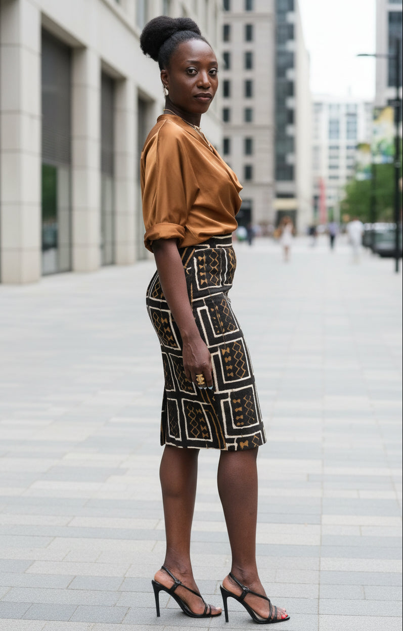 Jupe crayon taille haute "Kaarta" en bogolan marron - 100% coton tissé à la main en Jupe Bogolan crayon taille haute artisanal africain - KaolackCreations