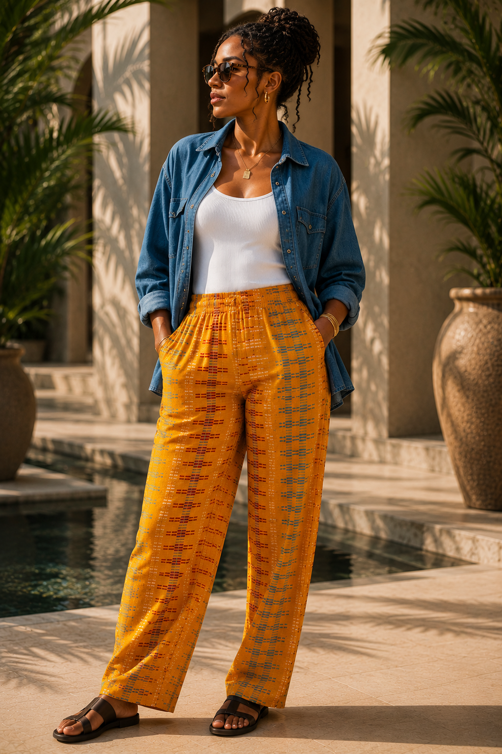 Femme portant un pantalon mixte en véritable pagne Kita Kente Akan, entièrement tissé à la main en coton africain, associé à une surchemise en jean contemporaine, mettant en valeur la coupe droite, la taille entièrement élastiquée et les couleurs vives du tissage traditionnel.