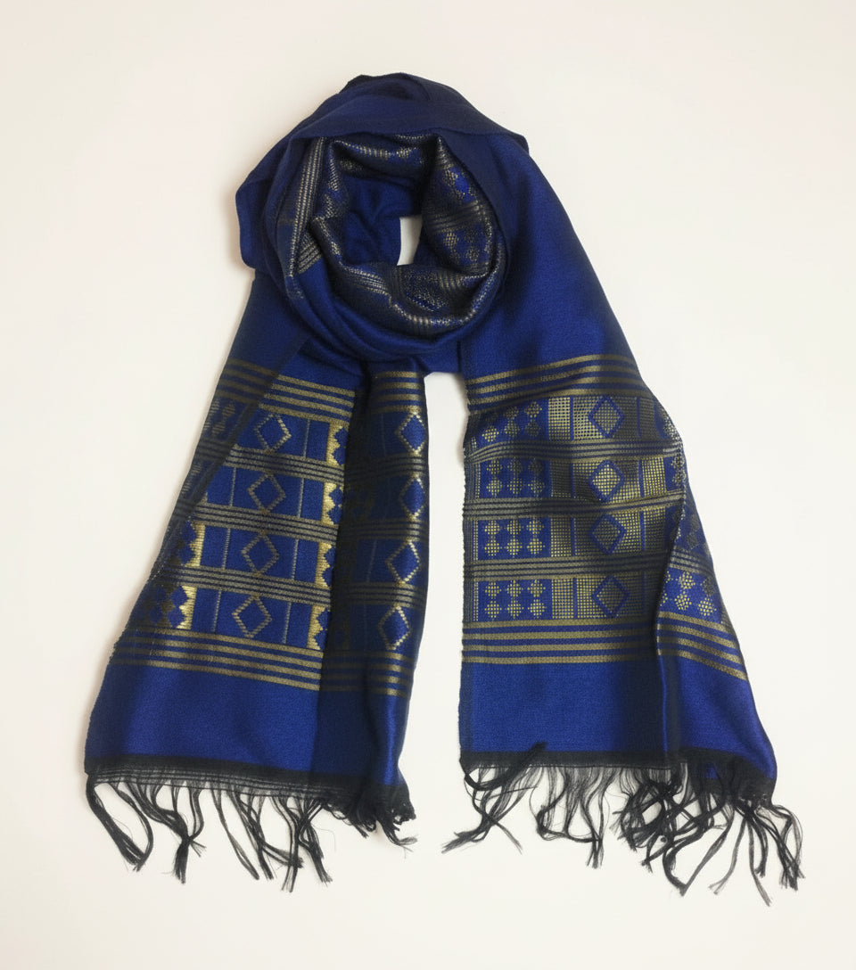 Écharpe en pagne tissé Manjak - Bleu/doré, 100% Made in Africa en echarpe Manjak artisanal africain - KaolackCreations