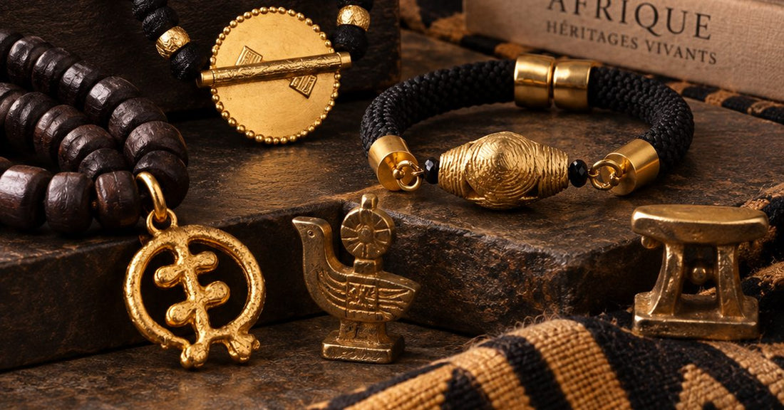 Poids akan en bronze doré, pendentif Gye Nyame et siège akan posés sur un pagne kente
