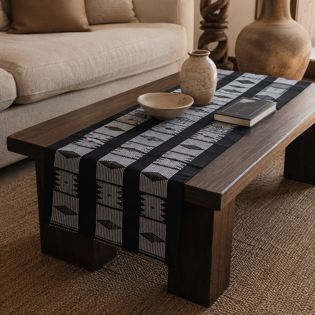 Chemin de table noir et blanc sur une table basse en bois avec vase et coupe en grès