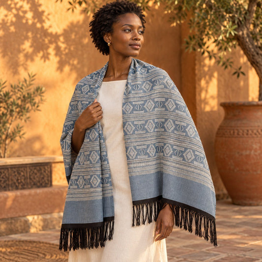 Écharpe-étole Manjak de Luxe bleu jean portée en châle sur les épaules par une femme en robe écrue – grand format 78 cm de large
