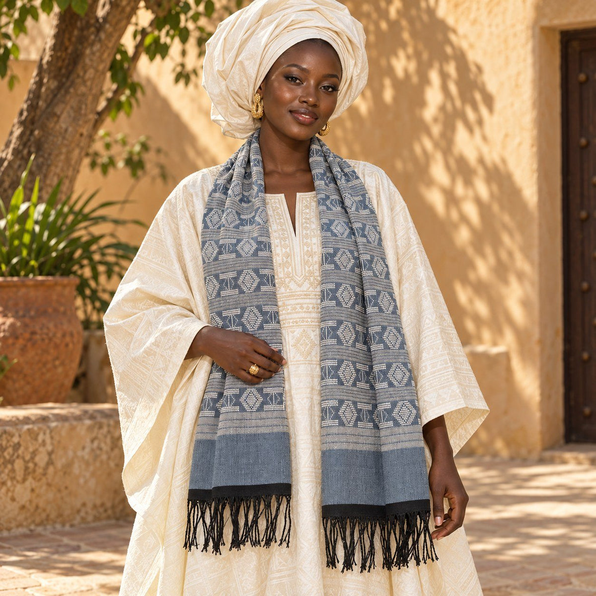 Écharpe Manjak de Luxe bleu jean et blanc cassé portée par une femme sur un boubou écru et un foulard de tête