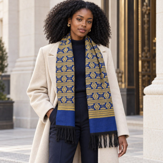 Écharpe Manjak de Luxe bleu roi et jaune doré portée par une femme sur un manteau écru