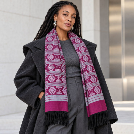Écharpe Manjak de Luxe fuchsia et blanche portée par une femme sur un manteau gris anthracite