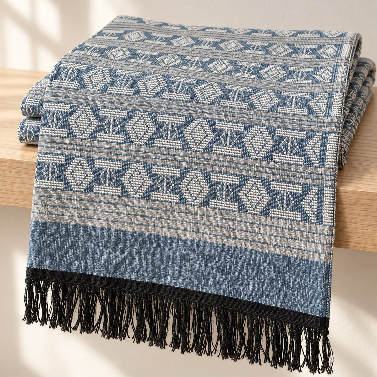 Écharpe Manjak de Luxe bleu jean pliée, motifs blanc cassé tissés main sur toute la longueur, bandes grises et franges noires