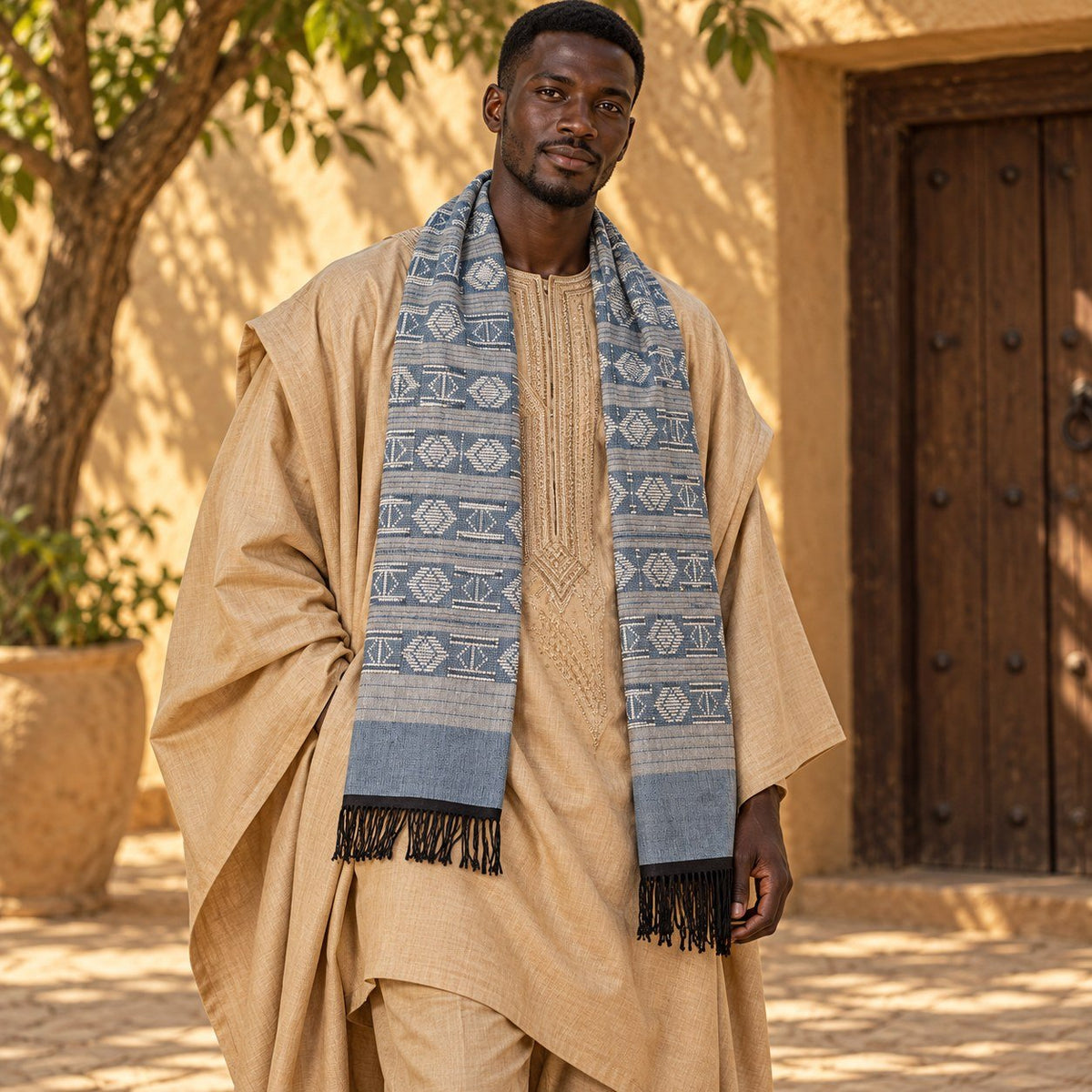 Écharpe Manjak de Luxe bleu jean portée par un homme sur un grand boubou beige