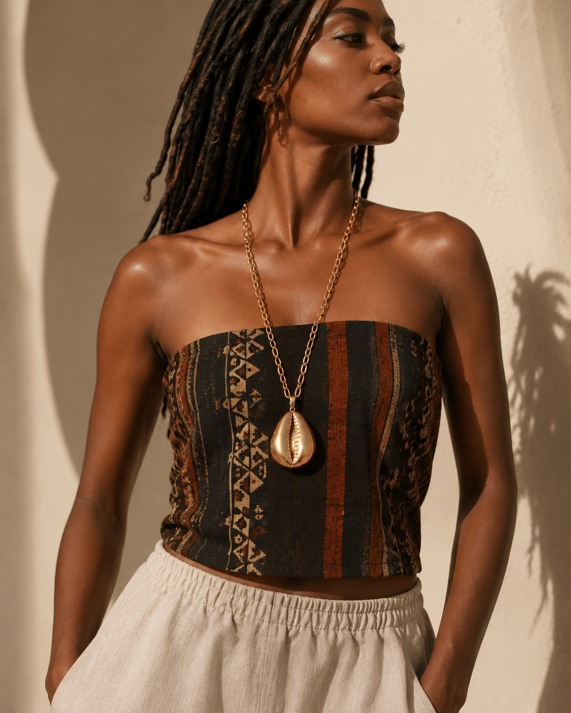 Collier Double Porté ajustable – bijou de dos, cauri en bronze, Kheper ou Aten-Râ