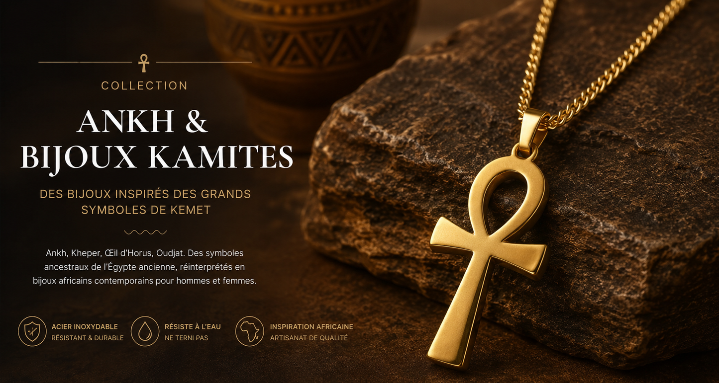 Boucles d'oreilles Ankh Kamite en acier inoxydable doré