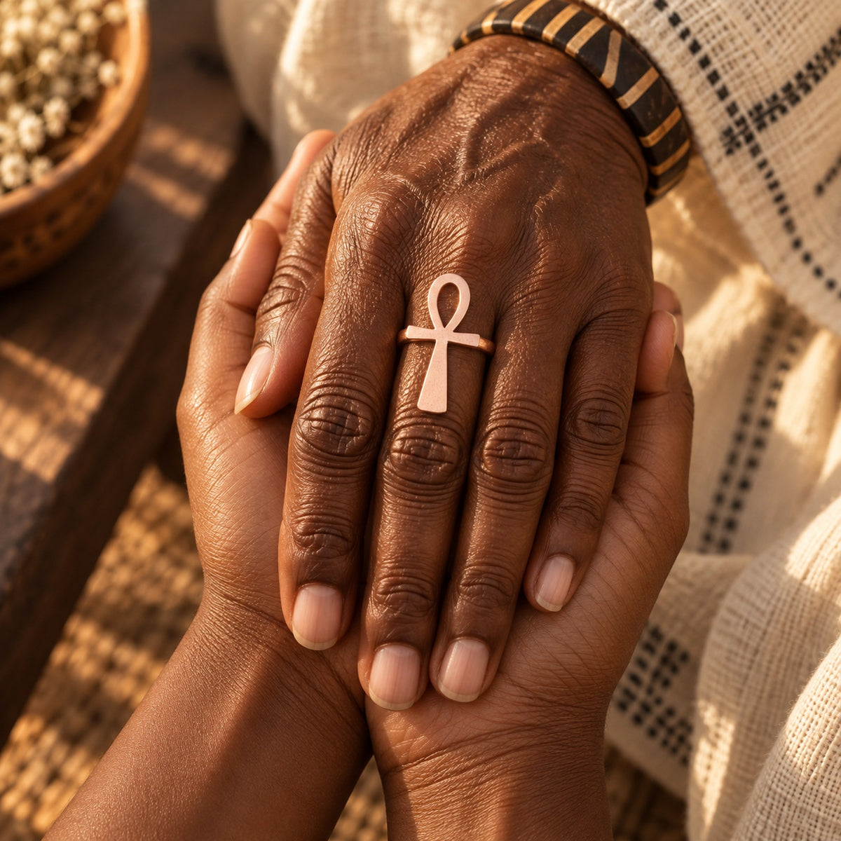 Deux mains réunies, la plus âgée portant la bague Ankh Ka en cuivre