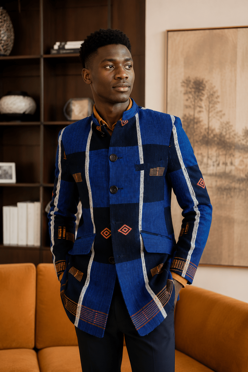 Blazer homme en pagne africain Sénoufo – coton tissé main en Blazer homme pagne africain senoufo artisanal africain - KaolackCreations