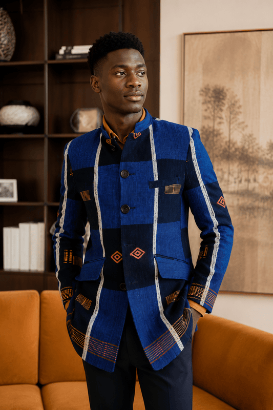 Blazer homme en pagne africain Sénoufo – coton tissé main en Blazer homme pagne africain senoufo artisanal africain - KaolackCreations