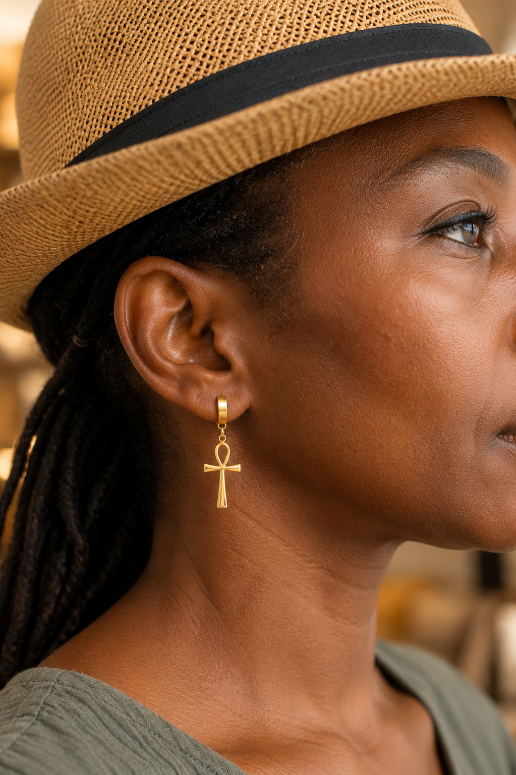 Boucles d'oreilles Ankh Kamite en acier inoxydable doré
