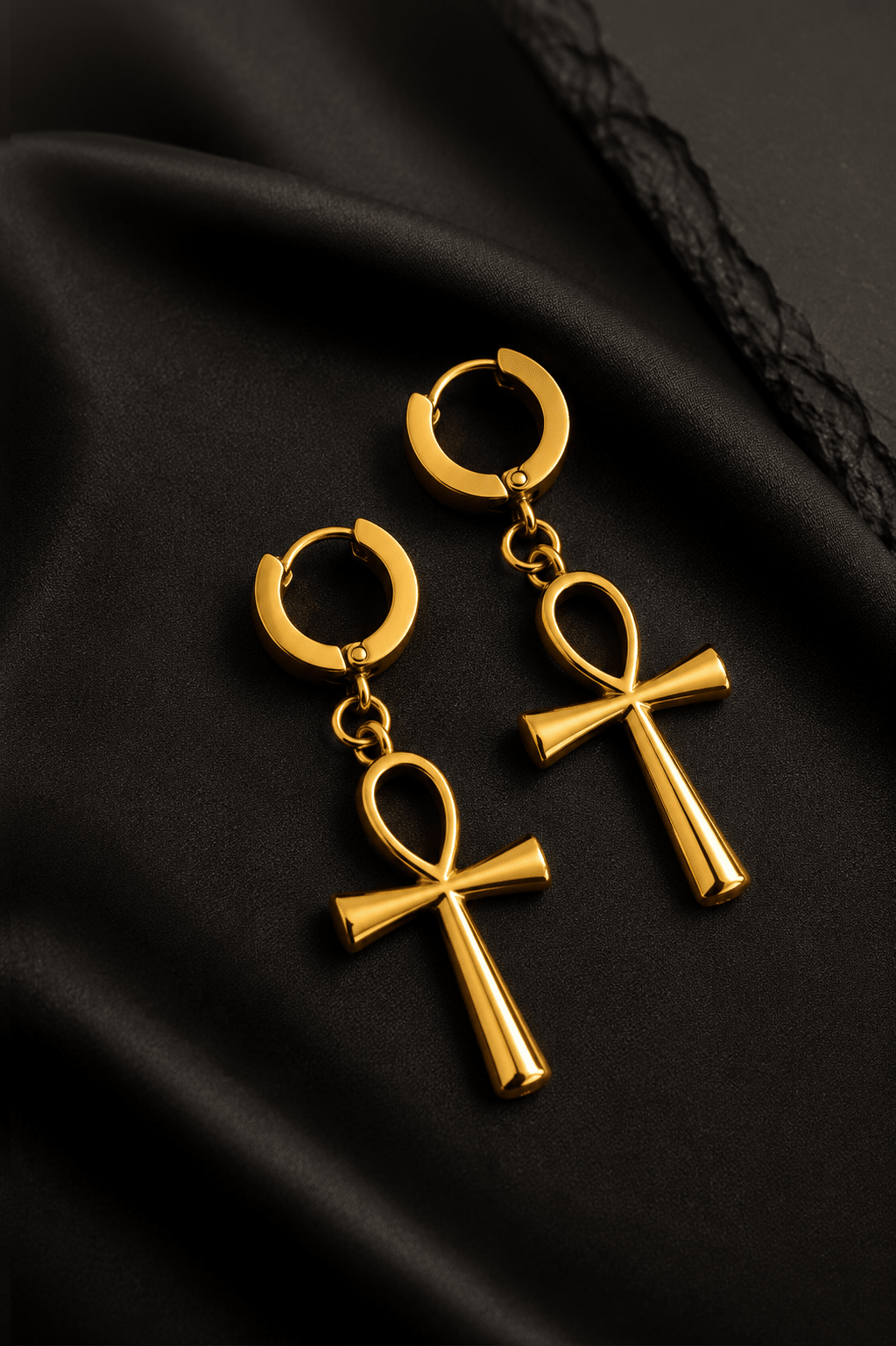 Boucles d'oreilles Ankh Kamite en acier inoxydable doré en artisanal africain - KaolackCreations