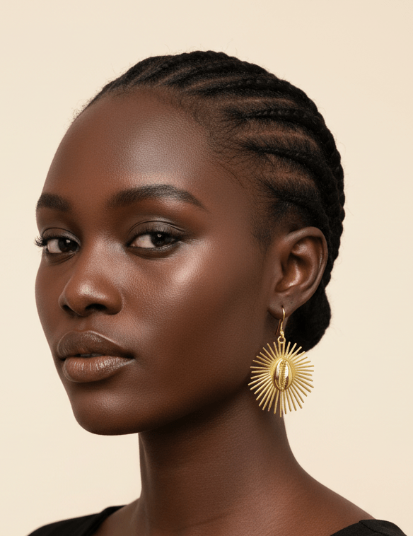 Boucles d'oreilles "Aten Râ" : gold filled, symbole du soleil surmonté d'un cauri en Boucles d'oreilles Aten Râ artisanal africain - KaolackCreations