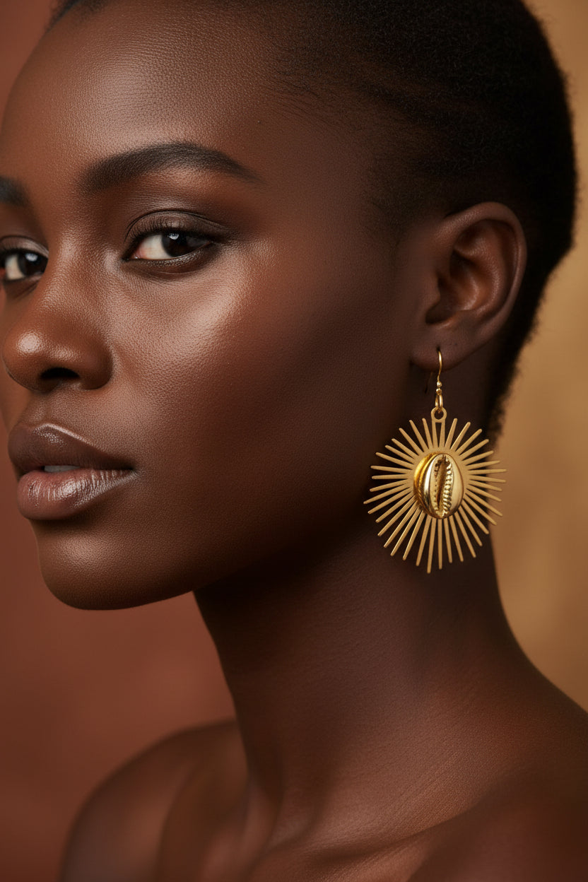Boucles d'oreilles "Aten Râ" : gold filled, symbole du soleil surmonté d'un cauri en Boucles d'oreilles Aten Râ artisanal africain - KaolackCreations