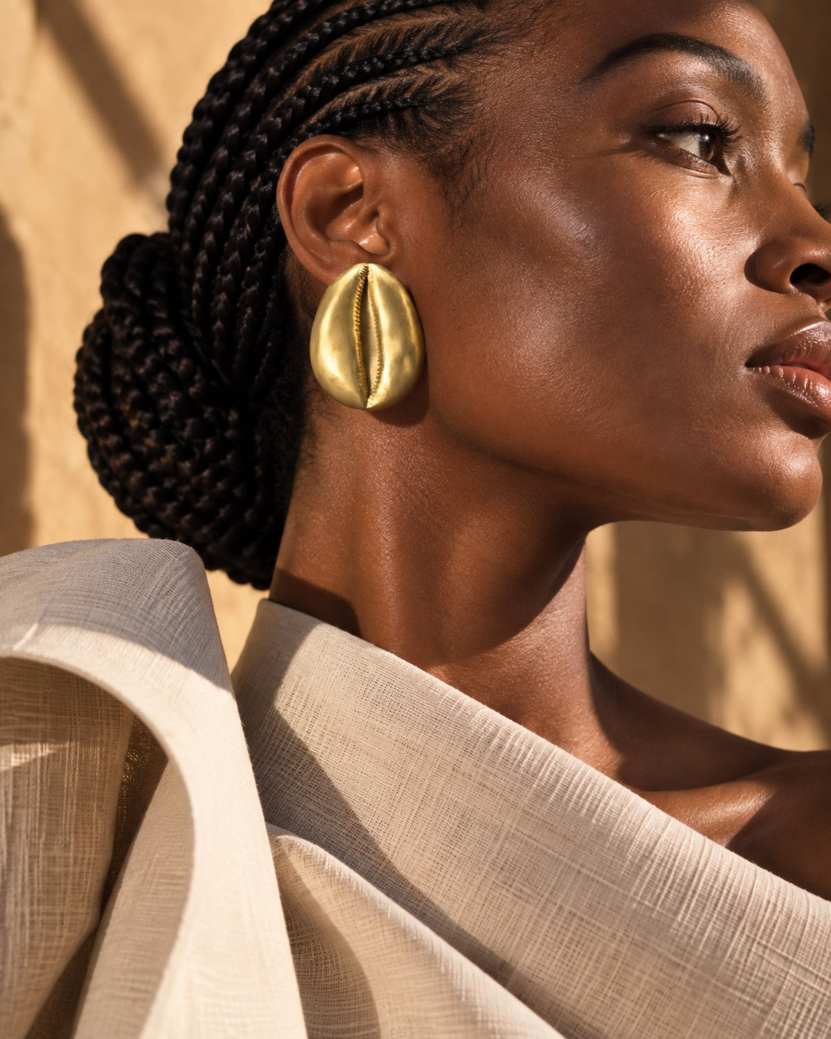 Boucle d'oreille cauri en bronze portée de profil, tresses relevées et drapé écru