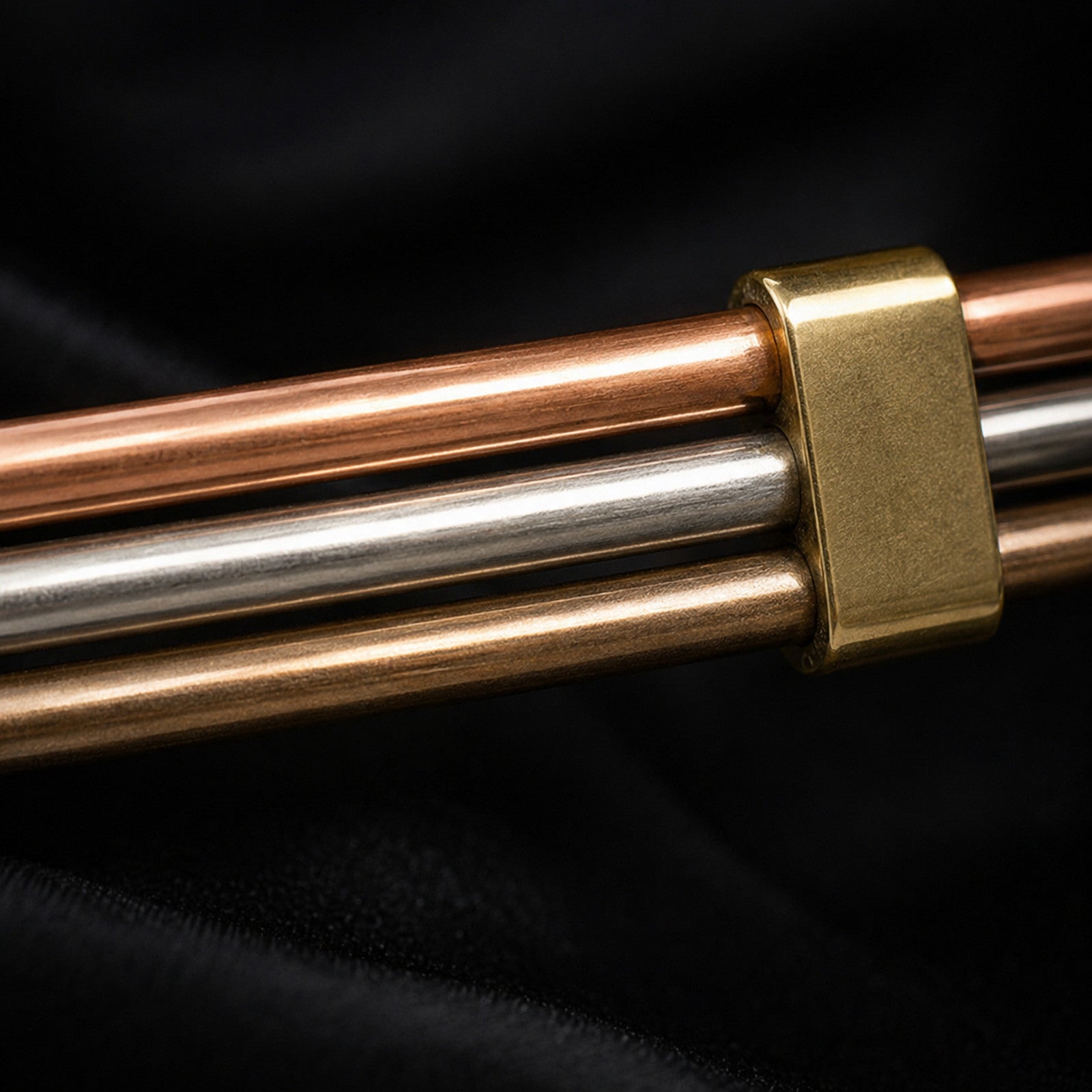 Macro des trois métaux du bracelet Lamou Ndiaxass : cuivre, fer blanc et bronze, embout laiton