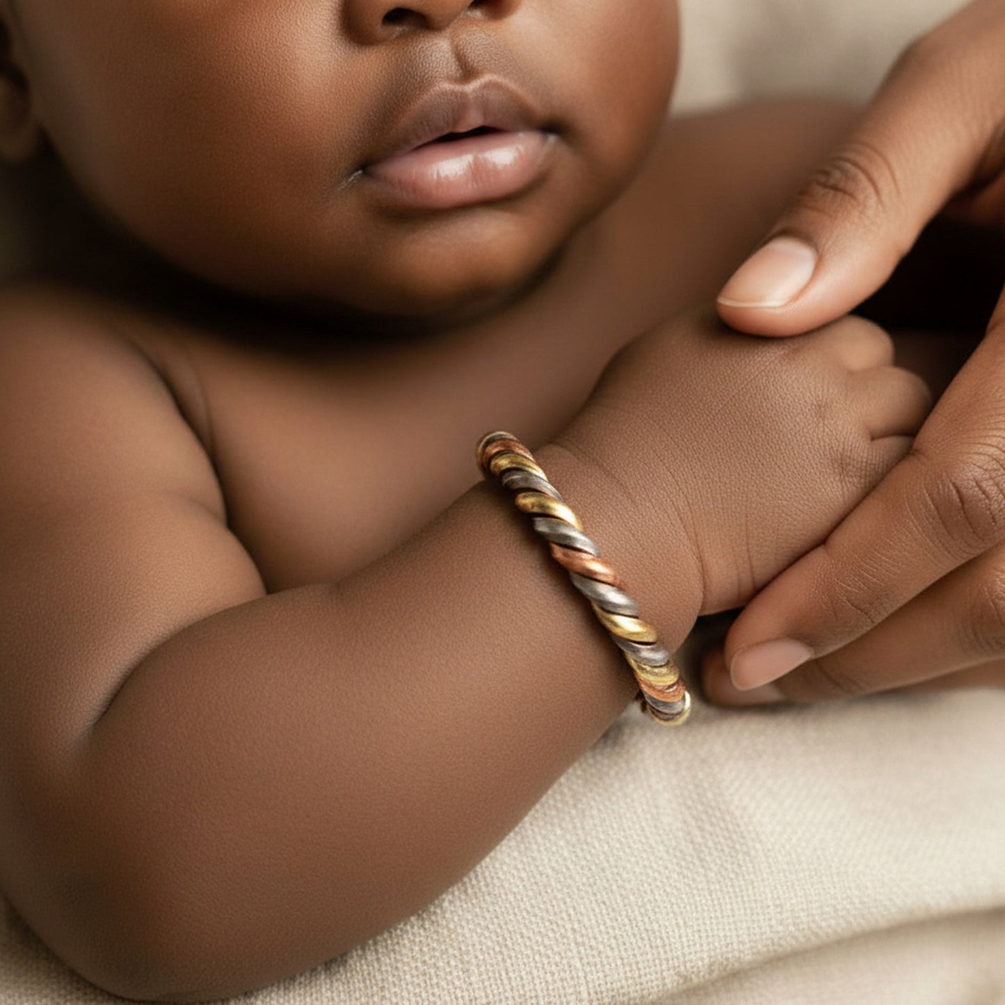 Bracelet Lamou Ndiaxass 13 cm au poignet d'un nouveau-né, dont la mère tient la main