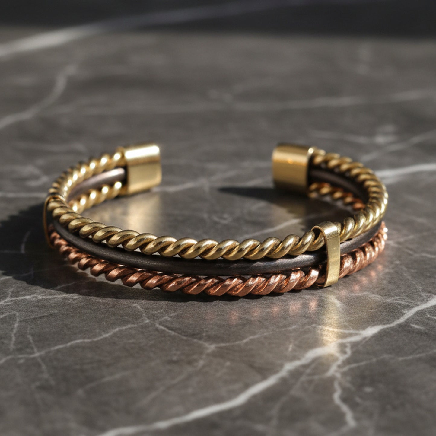 Bracelet Lamou Ndiaxass modèle Relief posé sur marbre sombre, finition poli miroir
