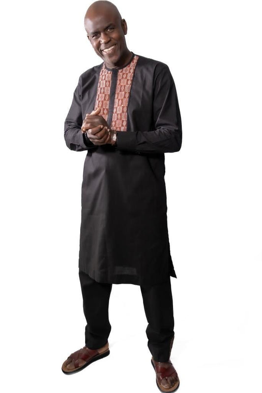 Caftan africain homme noir en coton avec empiècement pagne Manjak tissé main