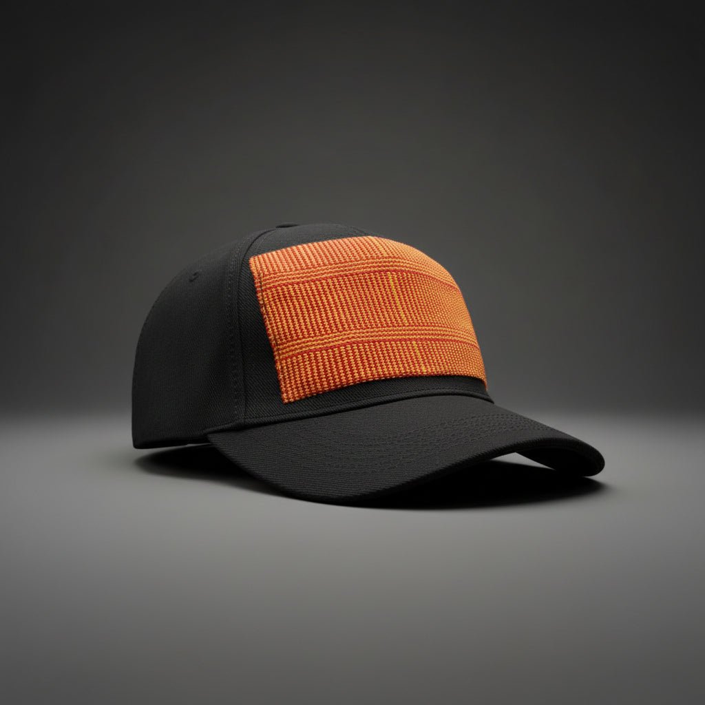 Casquette noire en Kente Ashanti orange, modèle 2
