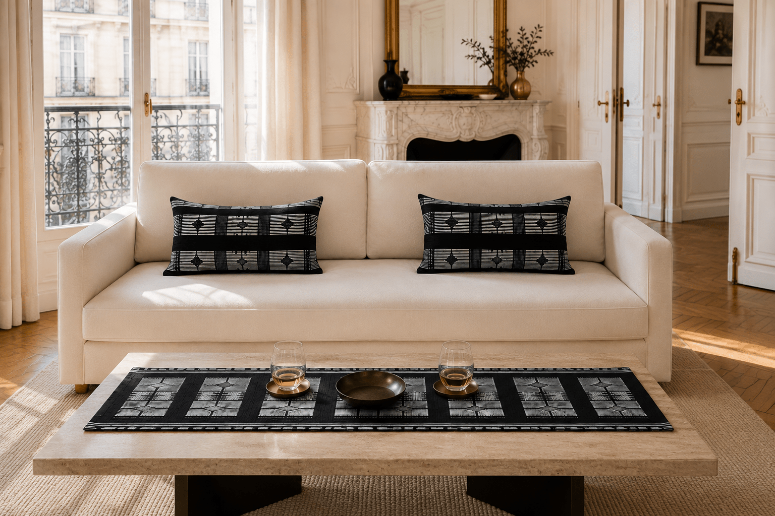 Coussins et chemin de table en pagne Manjak noir et blanc dans un intérieur parisien