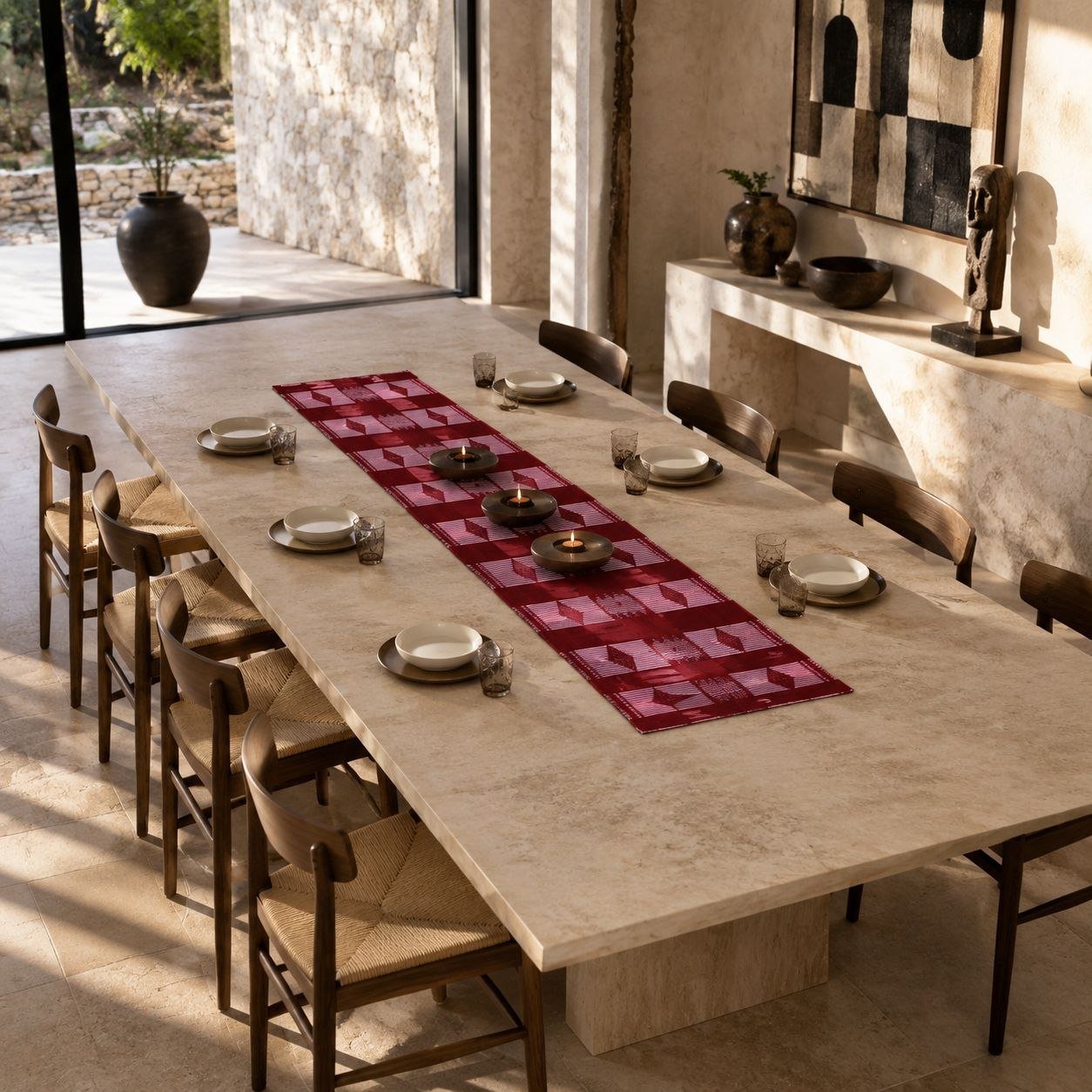 Chemin de table en pagne Manjak rouge foncé sur une longue table en pierre claire dressée
