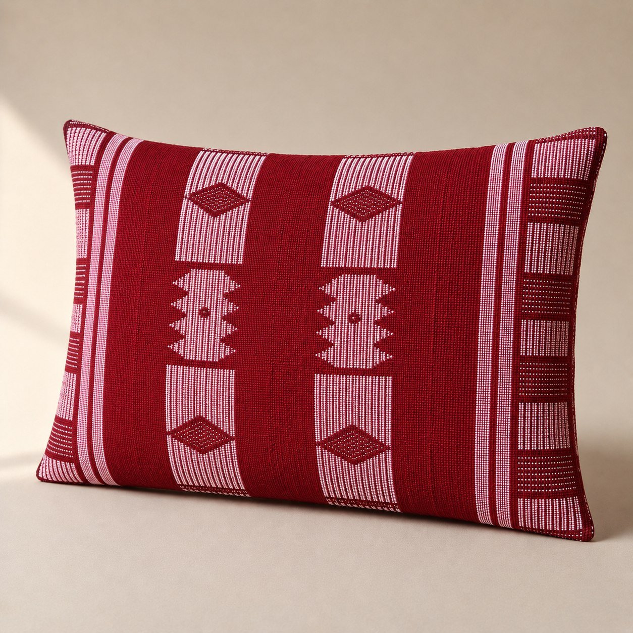Coussin assorti au chemin de table, en pagne Manjak rouge foncé tissé main