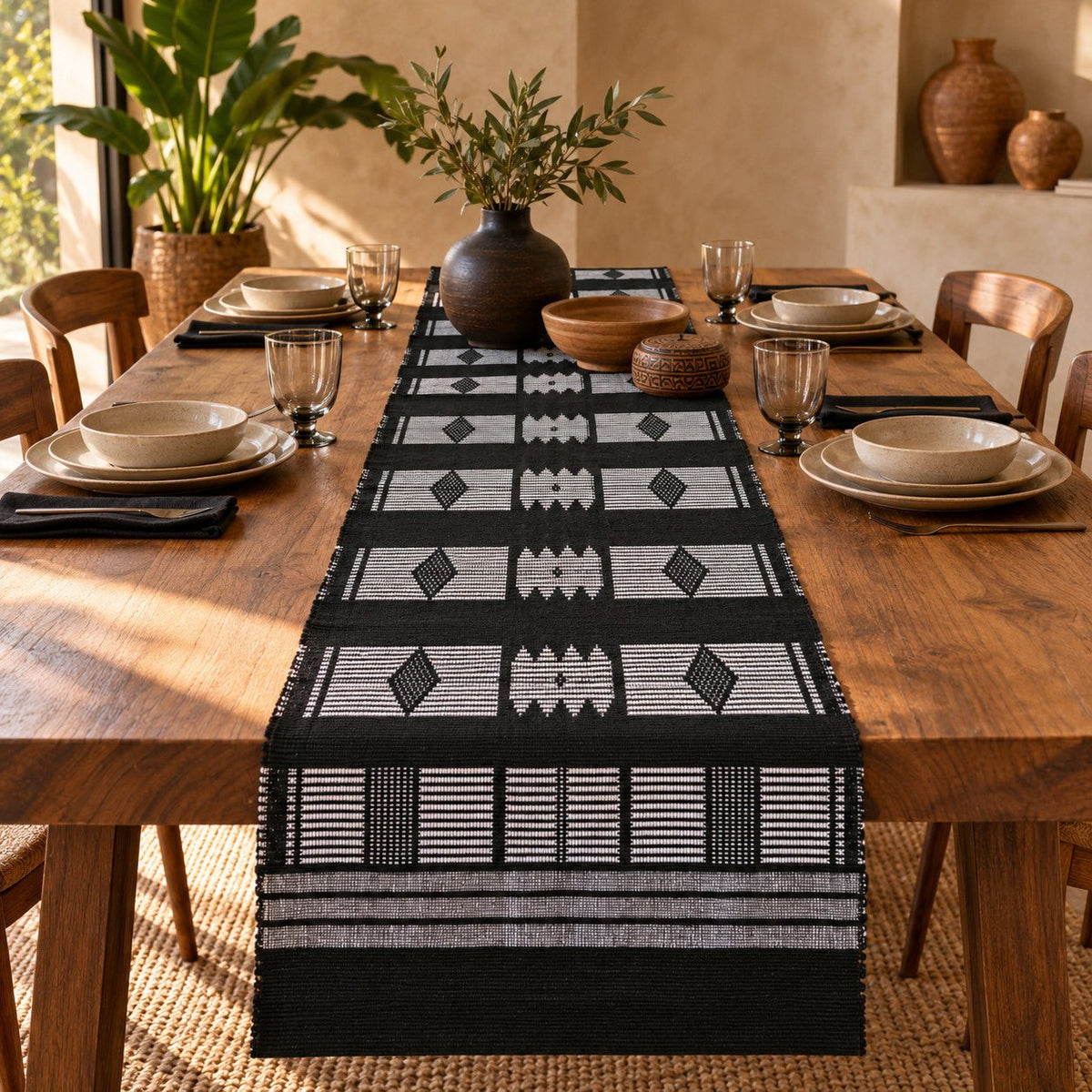 Chemin de table africain noir et blanc en pagne Manjak sur une grande table en bois