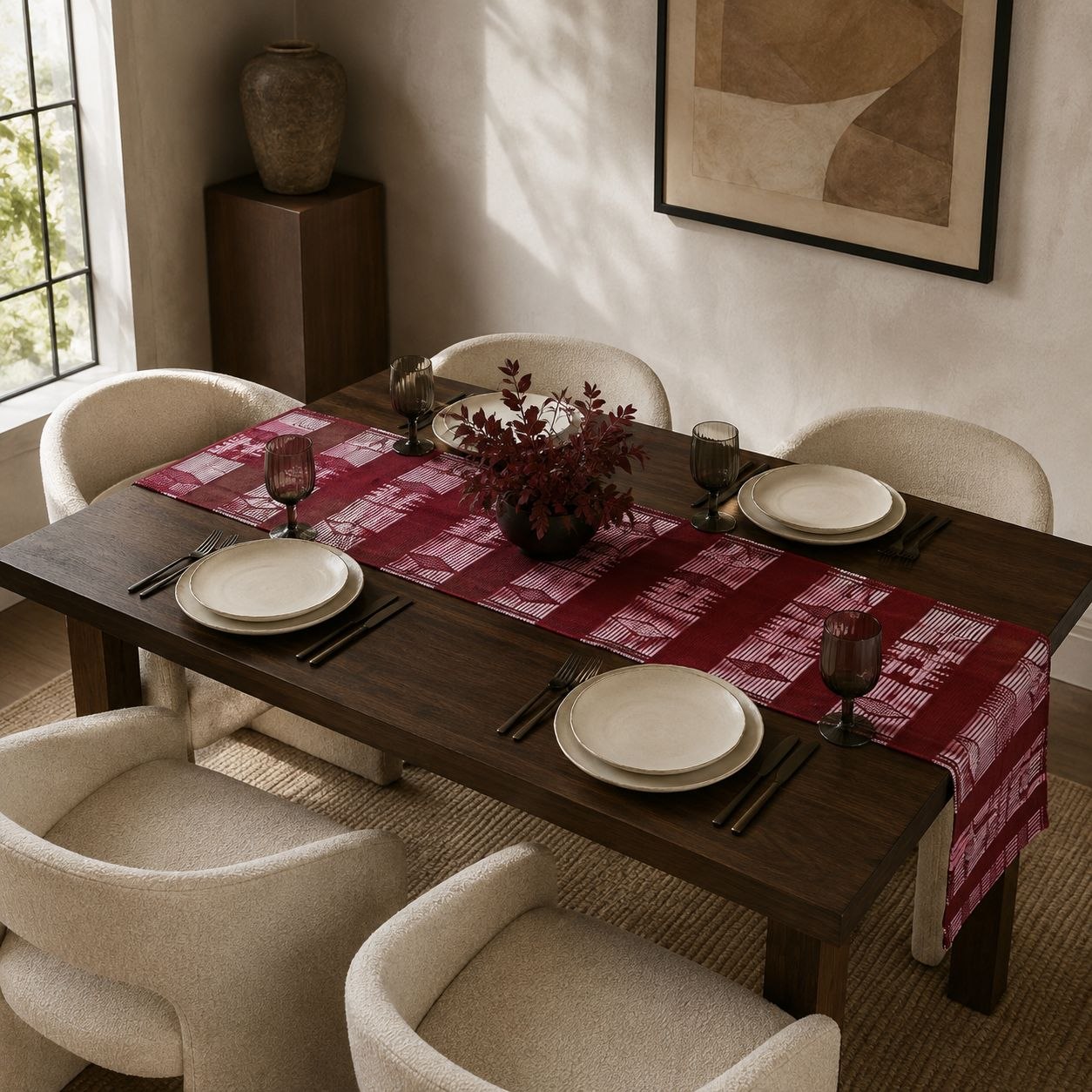 Chemin de table Manjak rouge foncé sur une table en bois foncé avec assiettes crème