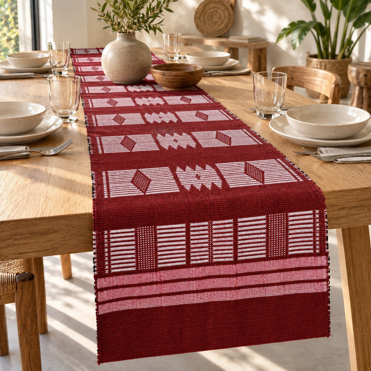 Chemin de table africain rouge foncé en pagne Manjak sur une table en chêne clair