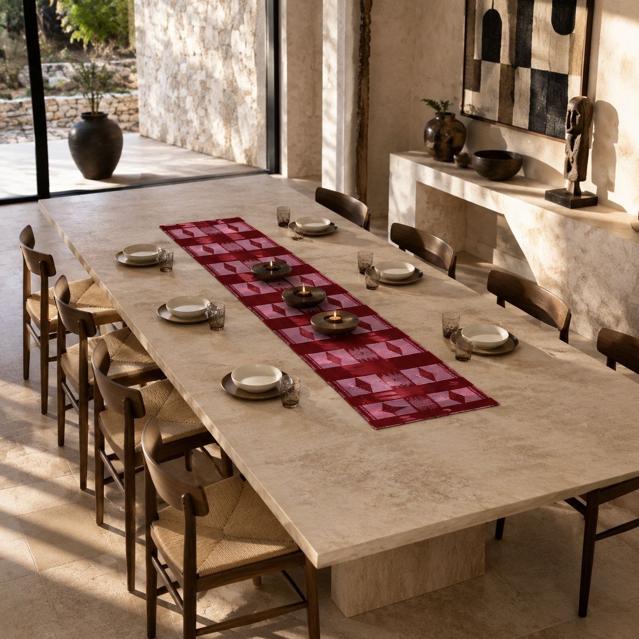 Chemin de table en pagne Manjak rouge foncé sur une longue table en pierre claire dressée