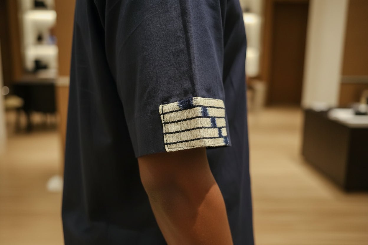 Chemise bi - matière coton bleu marine & pagne Baoulé tissé main en Chemises artisanal africain - KaolackCreations