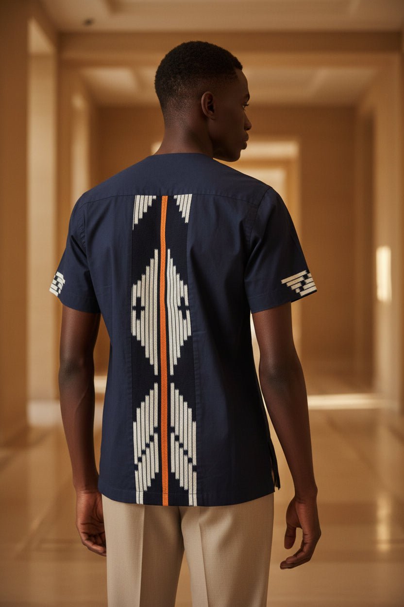 Chemise bi - matière coton bleu marine & pagne Baoulé tissé main en Chemises artisanal africain - KaolackCreations