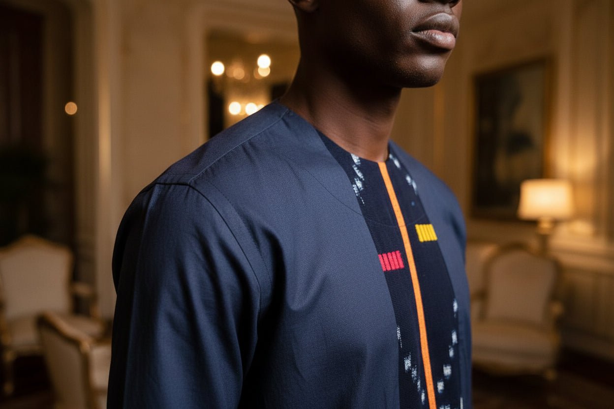 Chemise bi - matière coton bleu marine & pagne Baoulé tissé main en Chemises artisanal africain - KaolackCreations