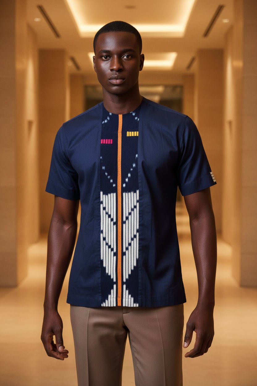 Chemise bi - matière coton bleu marine & pagne Baoulé tissé main en Chemises artisanal africain - KaolackCreations