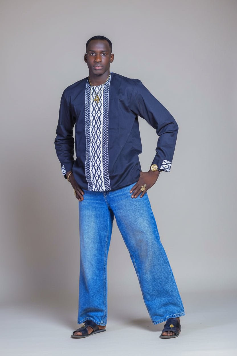 Chemise bi - matière Kente Ewe manches longues en tunique homme artisanal africain - KaolackCreations