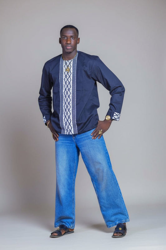 Chemise bi - matière Kente Ewe manches longues en tunique homme artisanal africain - KaolackCreations