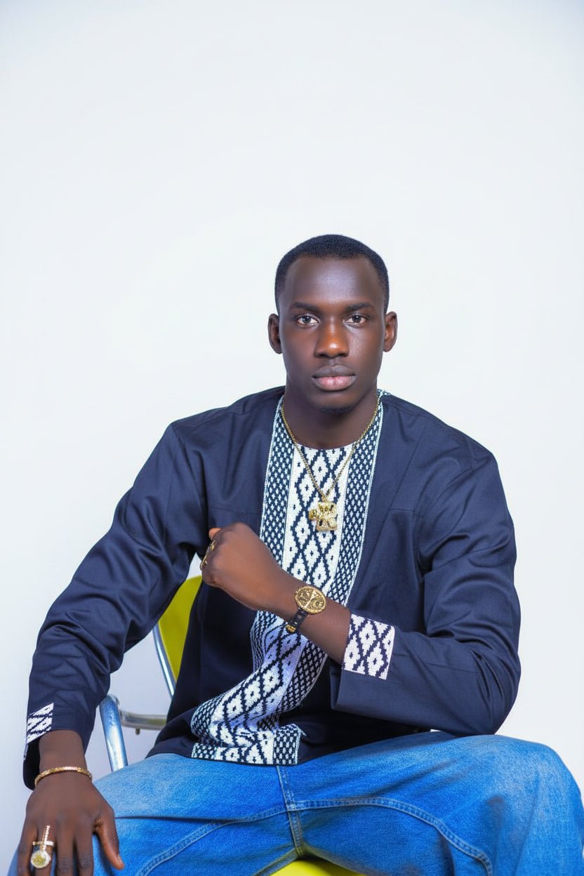 Chemise bi - matière Kente Ewe manches longues en tunique homme artisanal africain - KaolackCreations