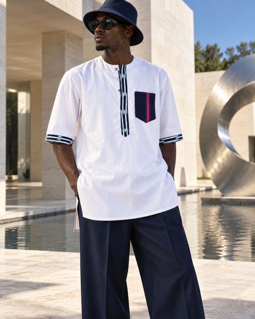 Chemise homme manches courtes en coton blanc et pagne Baoulé bleu marine, blanc et fuchsia tissé main