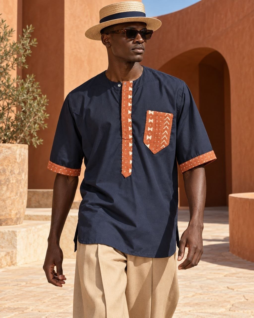 Chemise homme manches courtes en coton noir et bogolan latérite du Mali teint à la main, portée avec un chapeau de paille