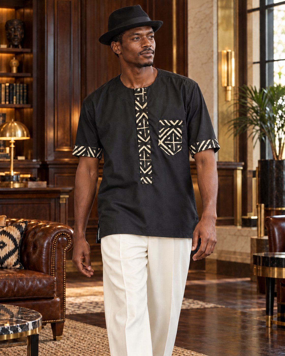 Chemise homme manches courtes en coton noir et bogolan noir et blanc du Mali